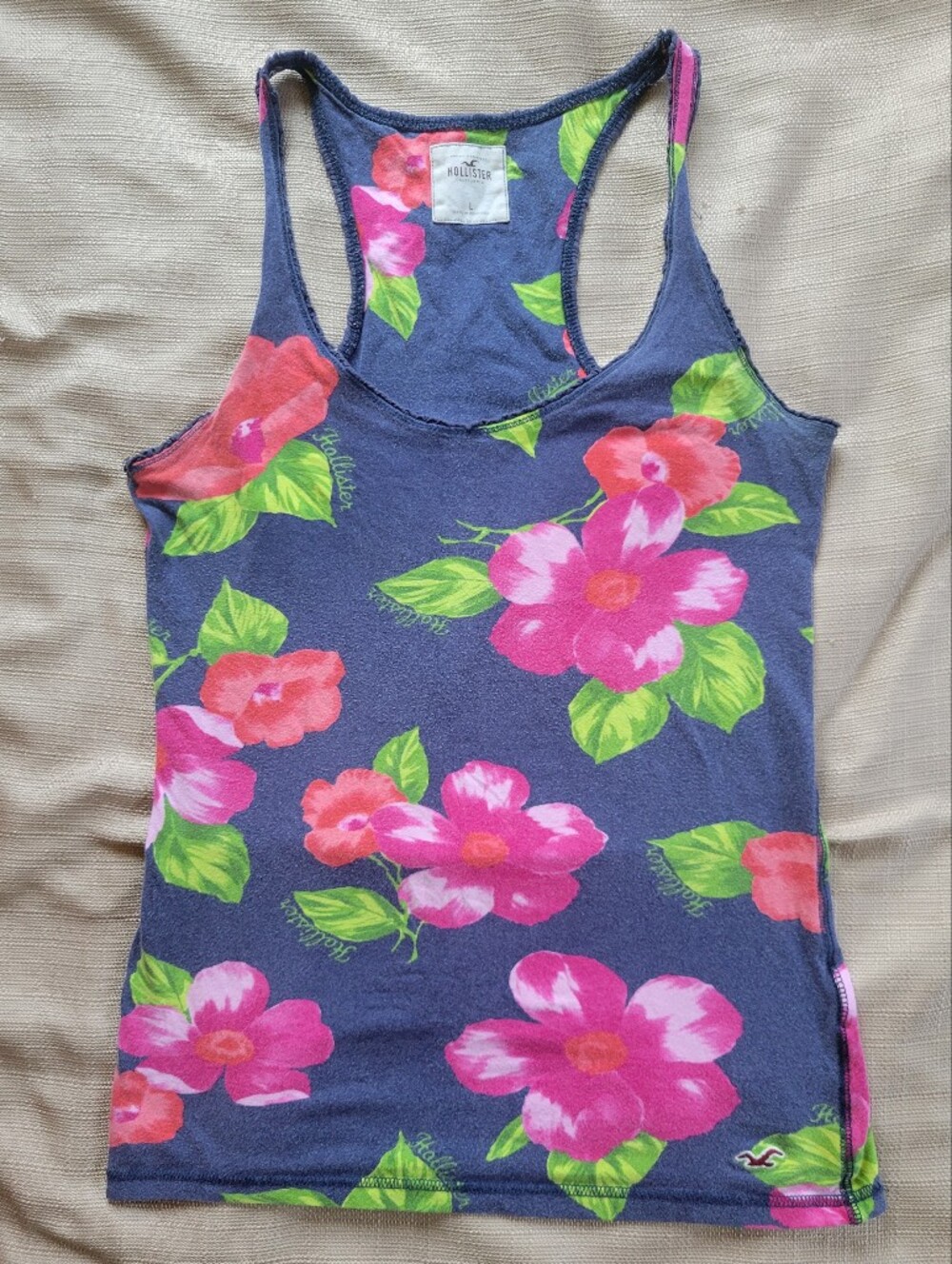 Hollister Navy Floral Racerback Tank with Pink & Green Blooms